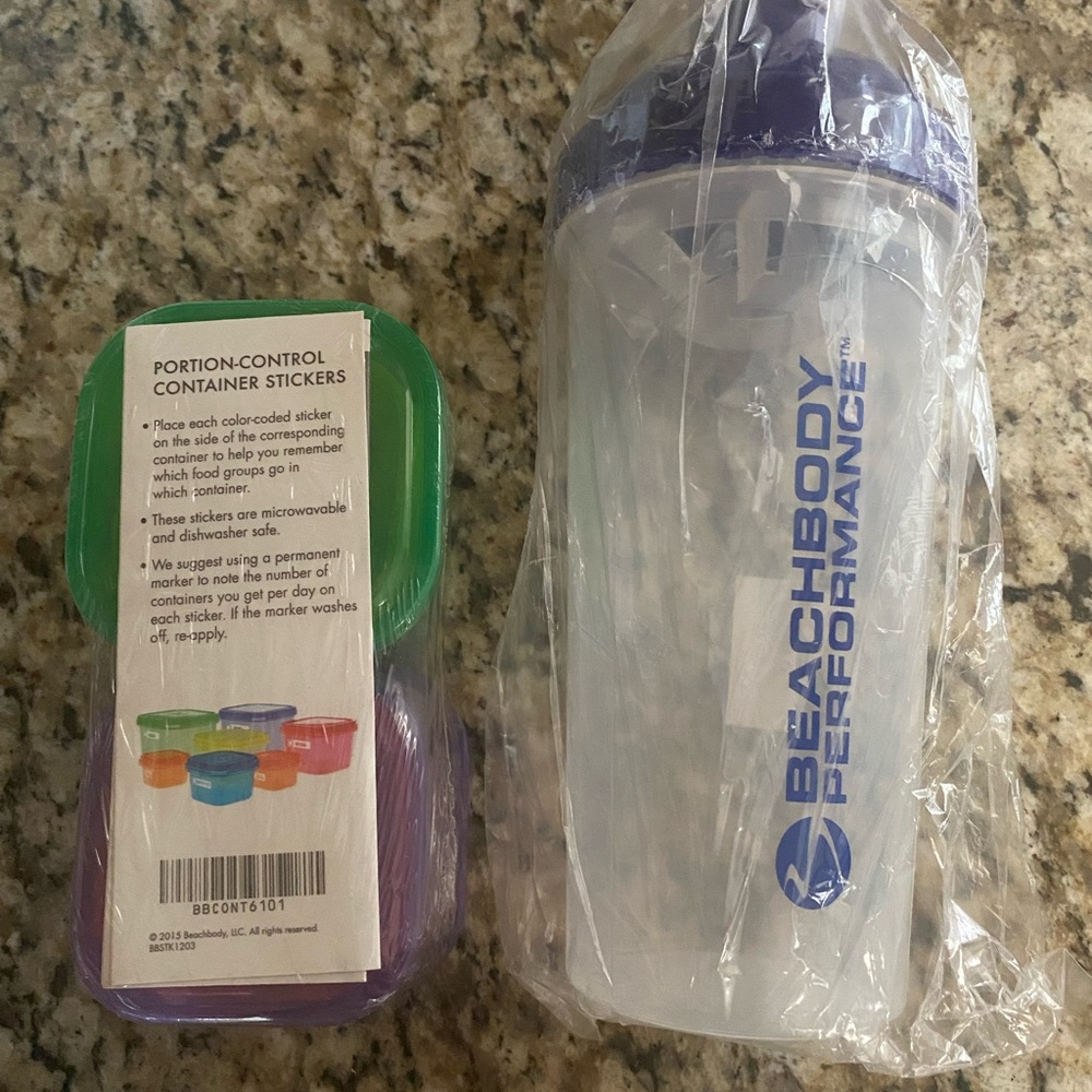 Beachbody Performance Shaker and portion control containers with stickers